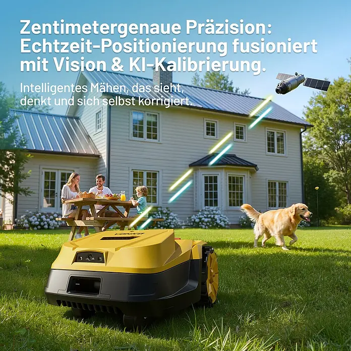 VONKO Mähroboter M200 - 1.500 m², Schnittbreite: 24 cm, Kamera-gestützte Navigation, RTK - Gelb-schwarzer Mähroboter auf Rasen, nutzt Satellit & KI für präzises Mähen. Familie & Hund im Hintergrund.