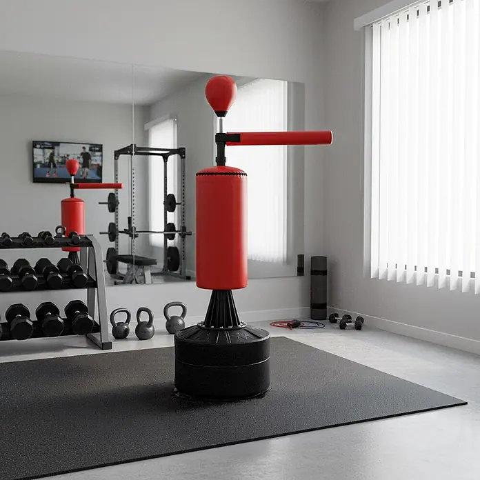 Homcom Boxsack - Ø x L: 48 x 88 cm, Schwarz, Rot - Rot-schwarzer freistehender Boxsack mit Speedball und Reflexstange in einem Heim-Fitnessstudio.