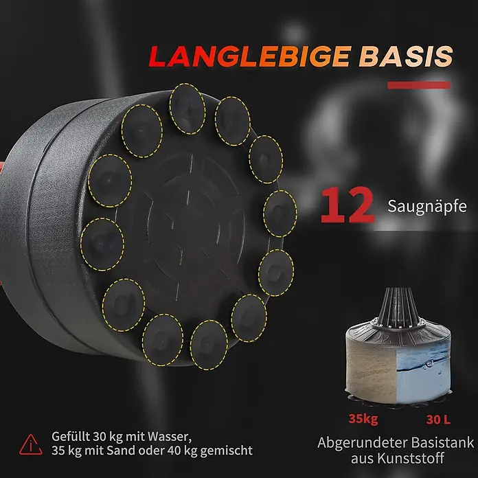 Homcom Boxsack - Ø x L: 48 x 88 cm, Schwarz, Rot - Schwarze, abgerundete Kunststoffbasis für Trainingsgeräte mit 12 Saugnäpfen, mit Sand oder Wasser befüllbar.