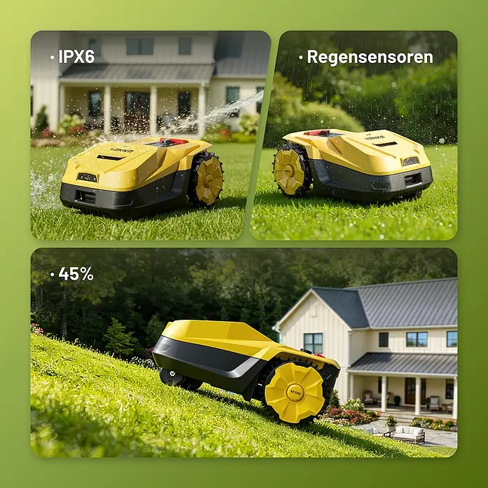 VONKO Mähroboter M200 - 1.500 m², Schnittbreite: 24 cm, Kamera-gestützte Navigation, RTK - Gelb-schwarzer Mähroboter, der im Regen, unter Wassereinstrahlung (IPX6) und beim Klettern eines 45%-Hangs gezeigt wird.