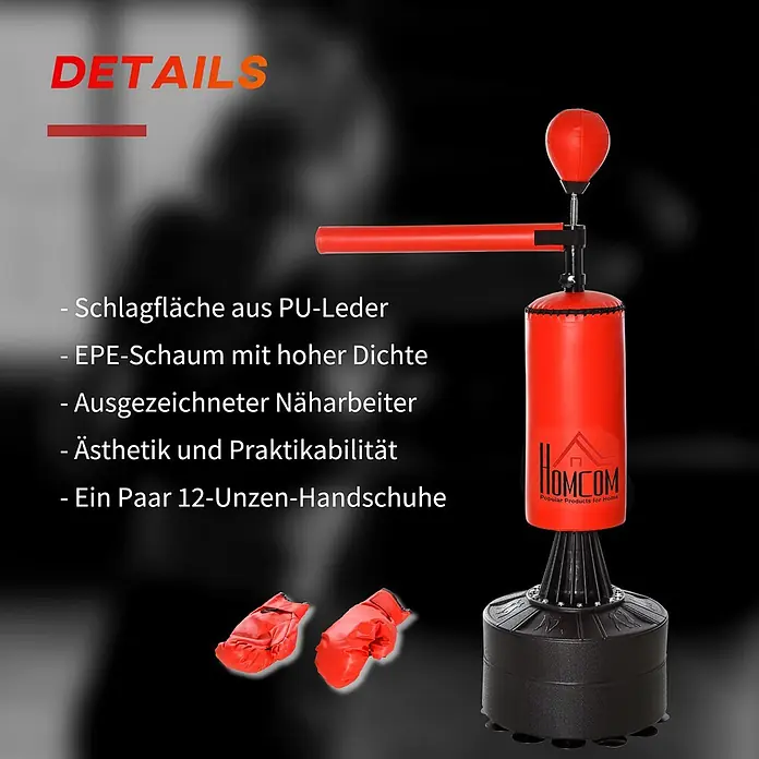 Homcom Boxsack - Ø x L: 48 x 88 cm, Schwarz, Rot - Roter Boxsack-Ständer mit Speedball, Boxhandschuhen und Homcom-Logo. Aus PU-Leder und EPE-Schaum.