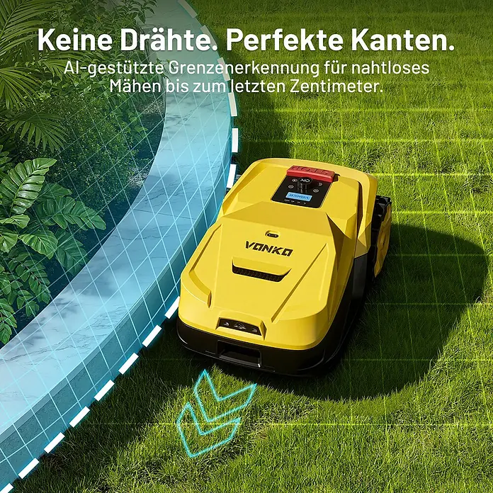 VONKO Mähroboter M200 - 1.500 m², Schnittbreite: 24 cm, Kamera-gestützte Navigation, RTK - Gelber Roboter-Rasenmäher auf dem Rasen, nutzt AI-Grenzenerkennung für präzises Mähen an einer Mauer.