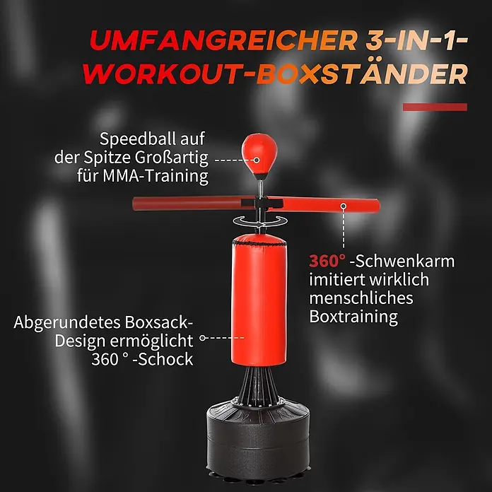 Homcom Boxsack - Ø x L: 48 x 88 cm, Schwarz, Rot - Roter und schwarzer 3-in-1 Boxständer mit Speedball, 360°-Schwenkarm und abgerundetem Boxsack für MMA-Training.