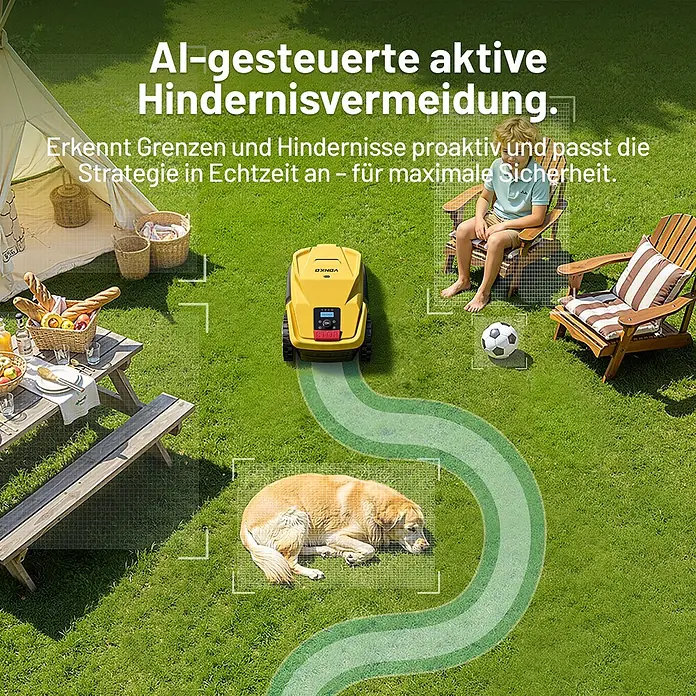 VONKO Mähroboter M200 - 1.500 m², Schnittbreite: 24 cm, Kamera-gestützte Navigation, RTK - Ein gelber Mähroboter, OXINDA, navigiert auf einem grünen Rasen, umfährt intelligent einen schlafenden Hund, ein Kind und einen Picknicktisch, demonstriert KI-Hindernisvermeidung.