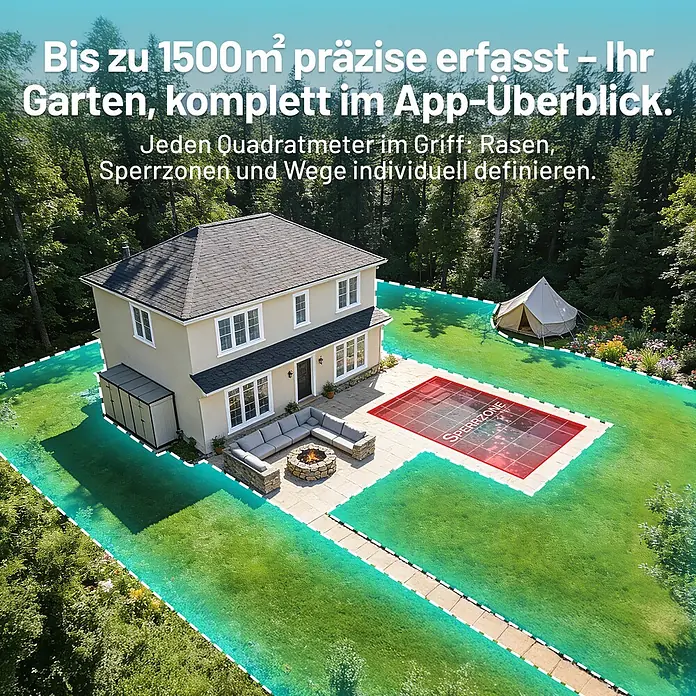 VONKO Mähroboter M200 - 1.500 m², Schnittbreite: 24 cm, Kamera-gestützte Navigation, RTK - Hausgarten mit grünen Markierungen für bis zu 1500m² Rasenfläche und einer roten Sperrzone auf der Terrasse, verwaltet per App.