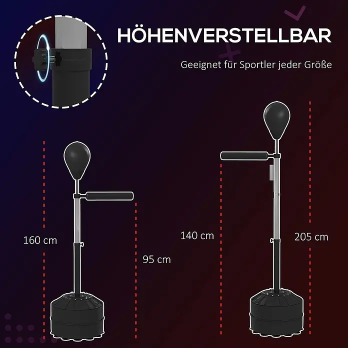 Sportnow Boxsack - Ø x L: 48 x 76 cm, Schwarz - Höhenverstellbarer Box-Reflextrainer in Schwarz-Silber (160-205 cm), geeignet für Sportler jeder Größe.