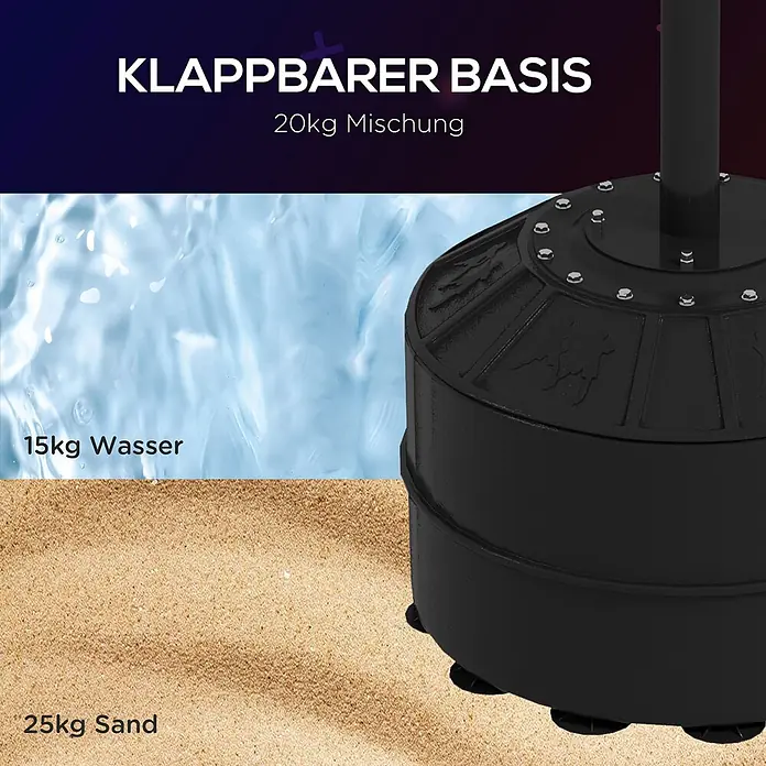 Sportnow Boxsack - Ø x L: 48 x 76 cm, Schwarz - Schwarzer klappbarer Boxsack-Standfuß mit angegebenen Fülloptionen: 15kg Wasser, 25kg Sand oder 20kg Mischung.