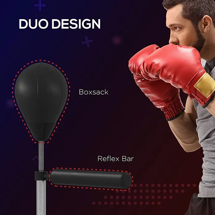 Sportnow Boxsack - Ø x L: 48 x 76 cm, Schwarz - Schwarzes Box-Trainingsgerät mit Boxsack und Reflexstange. Ein Boxer mit roten Handschuhen ist abgebildet.