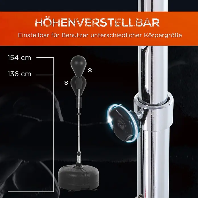 Homcom Boxsack - Ø x L: 48 x 48 cm, Schwarz - Schwarzer freistehender Reflex-Boxsack, höhenverstellbar von 136 cm bis 154 cm, mit stabilem Standfuß.