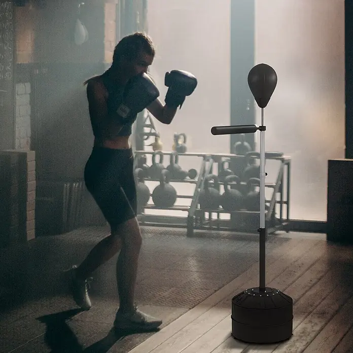 Sportnow Boxsack - Ø x L: 48 x 76 cm, Schwarz - Schwarzer freistehender Boxsack mit rotierendem Reflexbalken, von einer Person beim Boxen im Fitnessstudio verwendet.