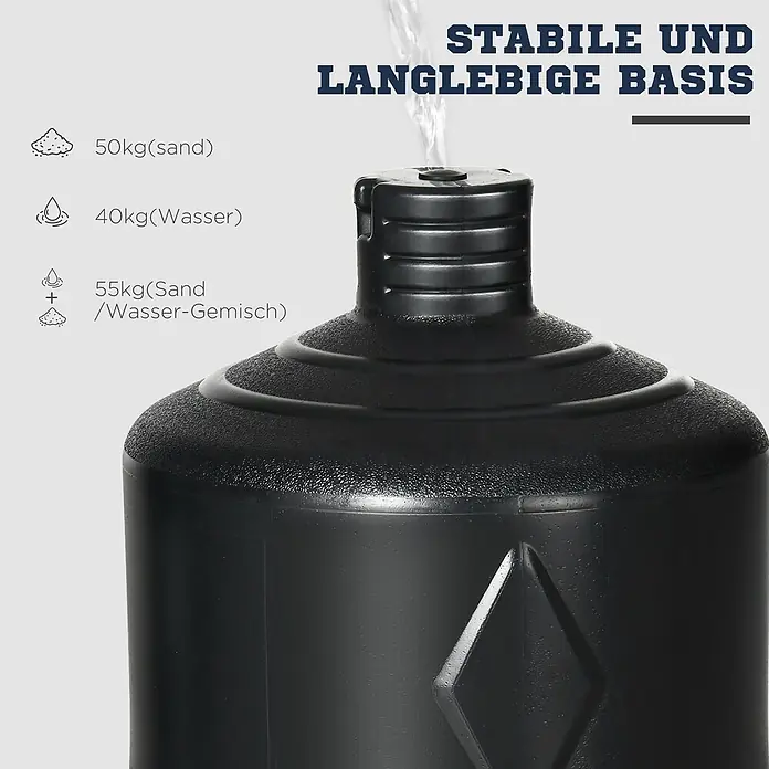 Sportnow Boxsack - Ø x L: 48 x 55 cm, Schwarz, Grau - Schwarzer Boxsack-Standfuß wird mit Wasser gefüllt, mit Optionen für Sand (50kg), Wasser (40kg) oder Sand-Wasser-Gemisch (55kg) für Stabilität.