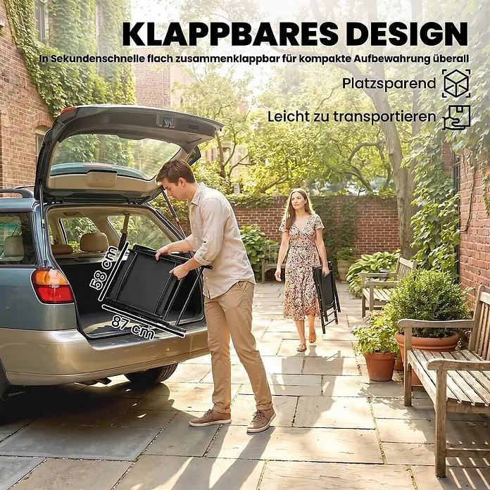 Outsunny Gartenstuhl-Set - 2 Stk., Stahl, Texteline, Klappbar, Schwarz - Person lädt schwarze faltbare Hunderampe in den Kofferraum. Maße: 58x87 cm. Kompaktes Design.