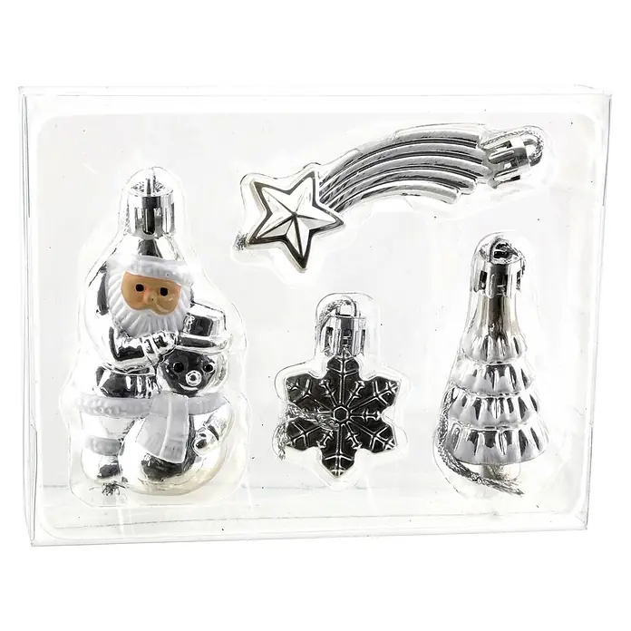 Christbaumschmuck Ornamente Set - Durchmesser: 4,5 cm - 7,5 cm, Kunststoff, 4 Stk., Silber - Set silberner Weihnachtsornamente in Verpackung: Weihnachtsmann, Schneemann, Stern, Schneeflocke, Baum.