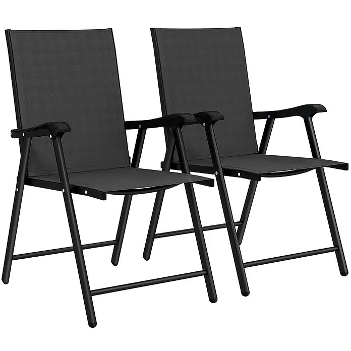 Outsunny Gartenstuhl-Set - 2 Stk., Stahl, Texteline, Klappbar, Schwarz - Zwei dunkelgraue Stoff-Klappstühle mit schwarzen Metallgestellen.
