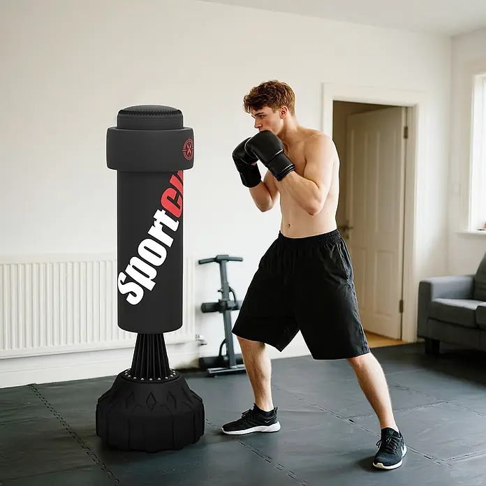 Sportnow Boxsack - Ø x L: 57 x 57 cm, Schwarz - Ein Mann in Boxhandschuhen trainiert mit einem schwarzen freistehenden Boxsack in einem Home-Gym.