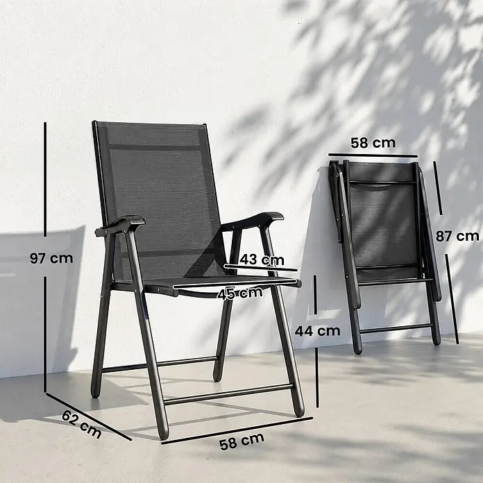Outsunny Gartenstuhl-Set - 2 Stk., Stahl, Texteline, Klappbar, Schwarz - Dunkelgrauer klappbarer Gartenstuhl. Offen: 97cm H, 58cm B, 62cm T, Sitzh. 44cm. Geklappt: 87cm H, 58cm B.