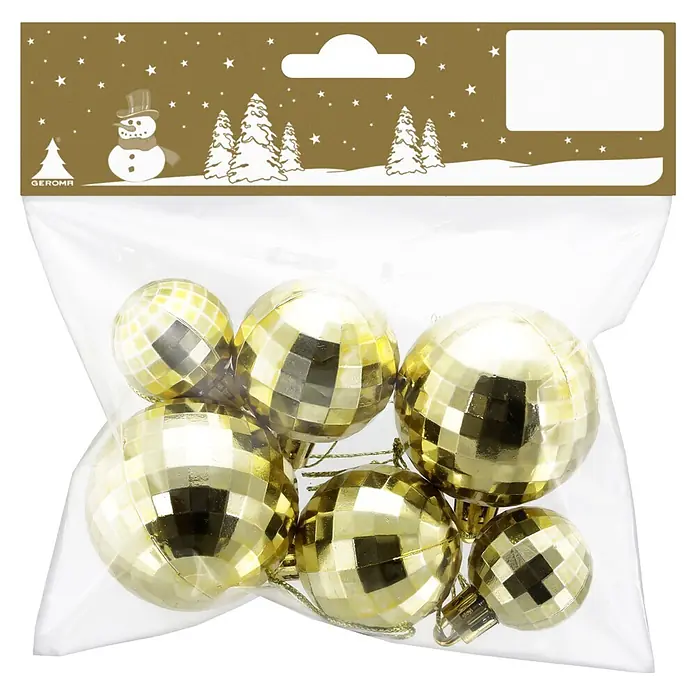 Christbaumschmuck Discokugel - Gold, Kunststoff, 6 Stk., Durchmesser: 3 cm - 5 cm - Set goldener Discokugel-Weihnachtsornamente in transparenter Kunststoffverpackung mit festlicher goldener Kopfkarte.