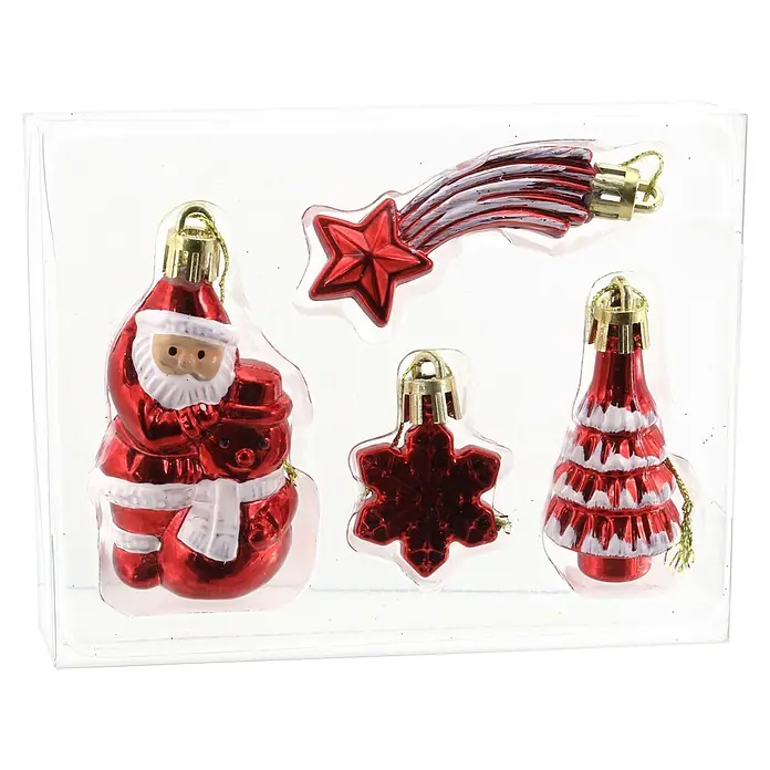 Deko-Set Ornamente - Rot, Weiß, Metall, 4 Stk. - Set glänzender rot-weißer Weihnachtsbaumschmuck (Santa, Stern, Baum, Schneeflocke) in Klarsichtverpackung.