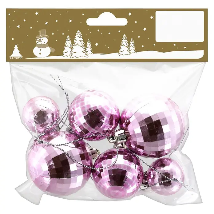 Geroma Christbaumschmuck Discokugel - Rosa, Kunststoff, Rund, 6 Stk. - Set rosafarbener facettierter Christbaumkugeln in transparenter Tüte mit goldener Winter-Kopfkarte (Schneemann und Bäume).