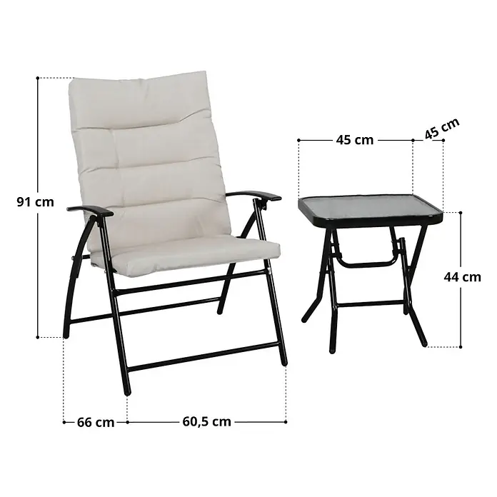 SVITA Balkonmöbel-Set VENTURA - 3 -tlg., Polyester (140g/m²), 5mm Glas, Klappbar, Beige, Schwarz - Schwarzer Klappstuhl mit cremefarbenem Kissen und passendem schwarzem Klapptisch, ideal für den Außenbereich.