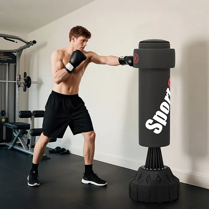 Sportnow Boxsack - Ø x L: 57 x 57 cm, Schwarz - Schwarzer freistehender Boxsack mit rotem Logo, der von einem Mann im Fitnessstudio geschlagen wird.