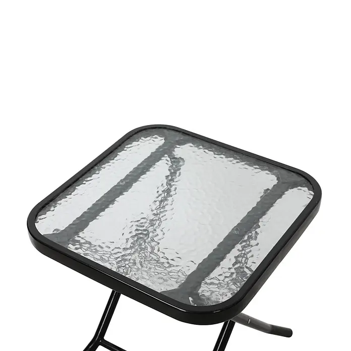 SVITA Balkonmöbel-Set VENTURA - 3 -tlg., Polyester (140g/m²), 5mm Glas, Klappbar, Beige, Schwarz - Kleiner quadratischer Gartentisch mit schwarzem Metallrahmen und strukturierter Glasplatte.