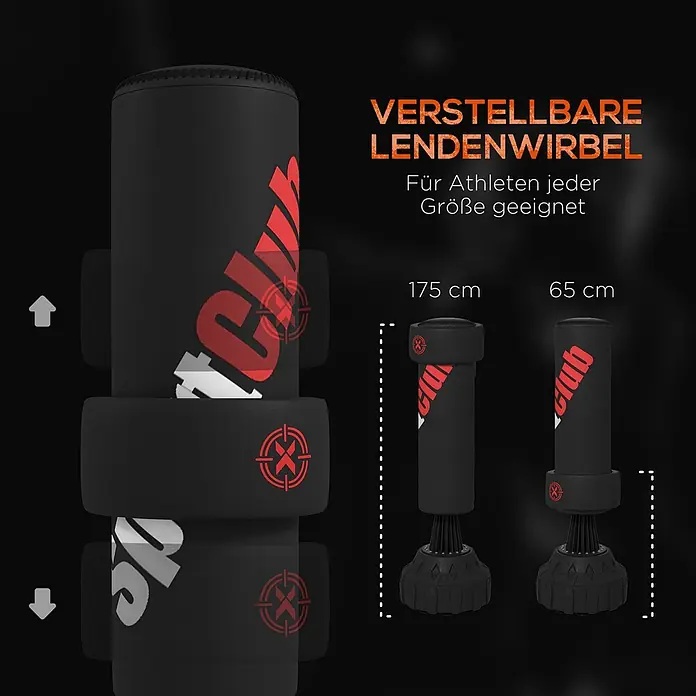 Sportnow Boxsack - Ø x L: 57 x 57 cm, Schwarz - Verstellbarer schwarzer Boxsack mit roten Logos, dargestellt in 175 cm und 65 cm Höhe.