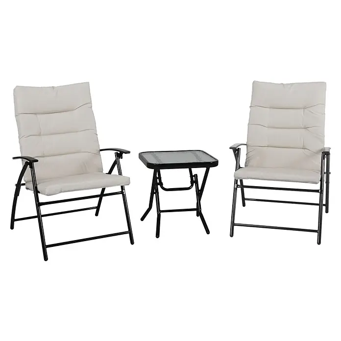 SVITA Balkonmöbel-Set VENTURA - 3 -tlg., Polyester (140g/m²), 5mm Glas, Klappbar, Beige, Schwarz - Set aus zwei beigefarbenen gepolsterten Klappstühlen mit schwarzen Gestellen und einem schwarzen Klapptisch mit Glasplatte.