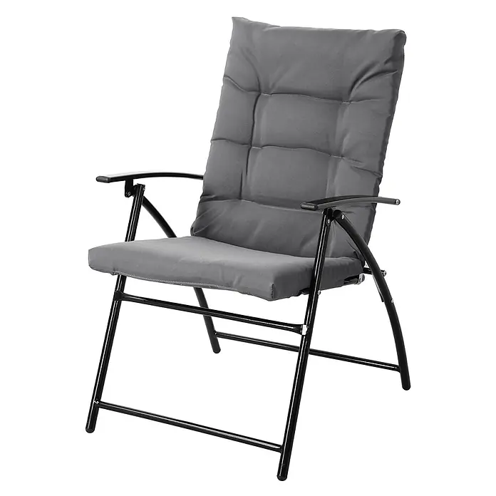 SVITA Gartenstuhl-Set VENTURA - 3 Stk., Metall, Polyester (140g/m²), Glas (5mm), Klappbar, Grau, B x T x H: 165 x 66 x 91 cm - Grau gepolsterter Klappstuhl mit schwarzem Metallgestell.