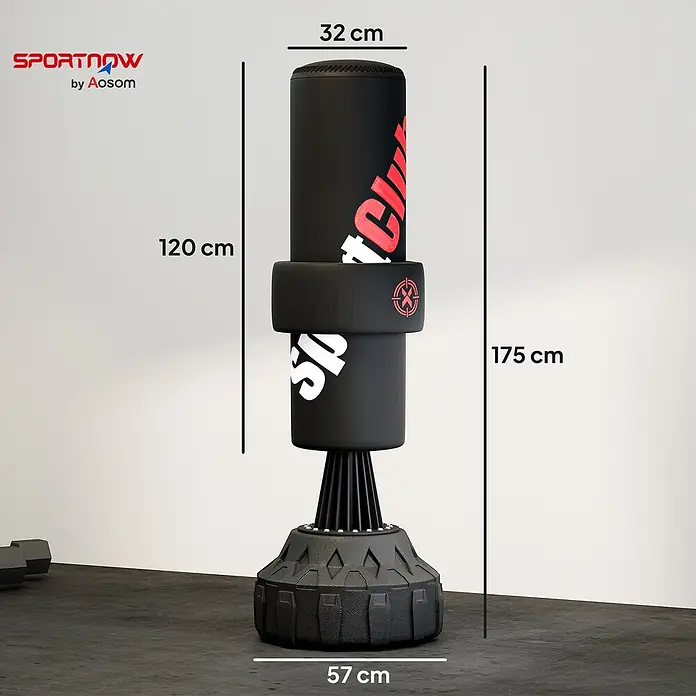 Sportnow Boxsack - Ø x L: 57 x 57 cm, Schwarz - Schwarzer freistehender Boxsack mit rot-weißer Beschriftung und stabilem Standfuß.