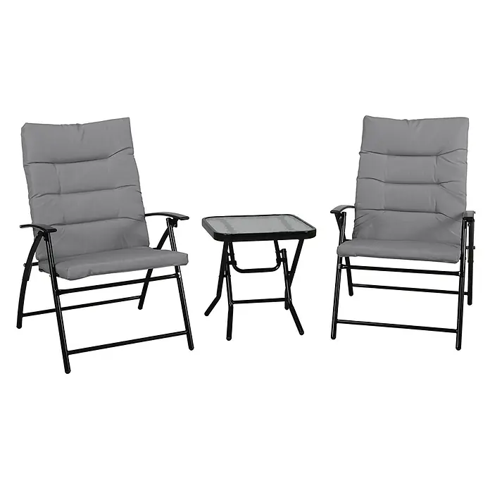 SVITA Gartenstuhl-Set VENTURA - 3 Stk., Metall, Polyester (140g/m²), Glas (5mm), Klappbar, Grau, B x T x H: 165 x 66 x 91 cm - Zwei grau gepolsterte Klappstühle und ein schwarzer Klapptisch mit Glasplatte, als kompaktes Gartenmöbelset.