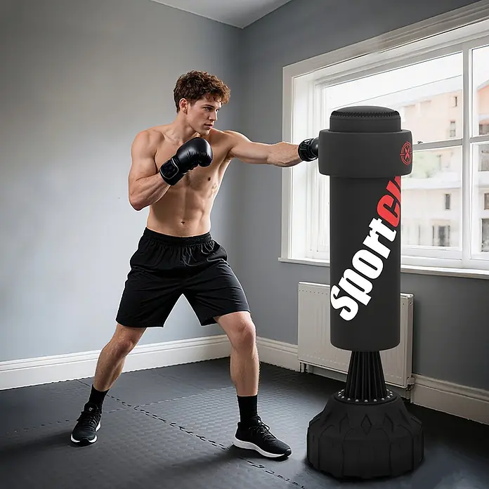 Sportnow Boxsack - Ø x L: 57 x 57 cm, Schwarz - Schwarzer freistehender Boxsack mit rot-weißem Logo, der von einem Mann drinnen geschlagen wird.
