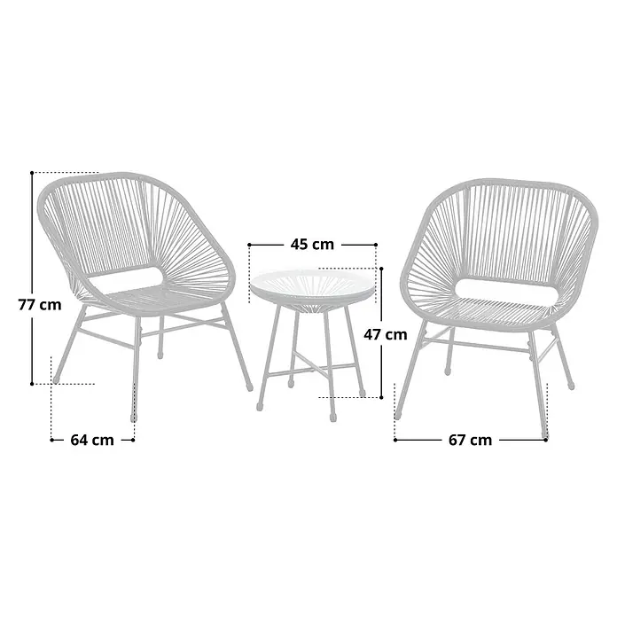 SVITA Balkonmöbel-Set TULUM - 3 -tlg., Polyrattan, pulverbeschichteter Stahl - Dunkelgraues Outdoor-Set mit geflochtenen Stühlen und Glastisch. Maße angezeigt.