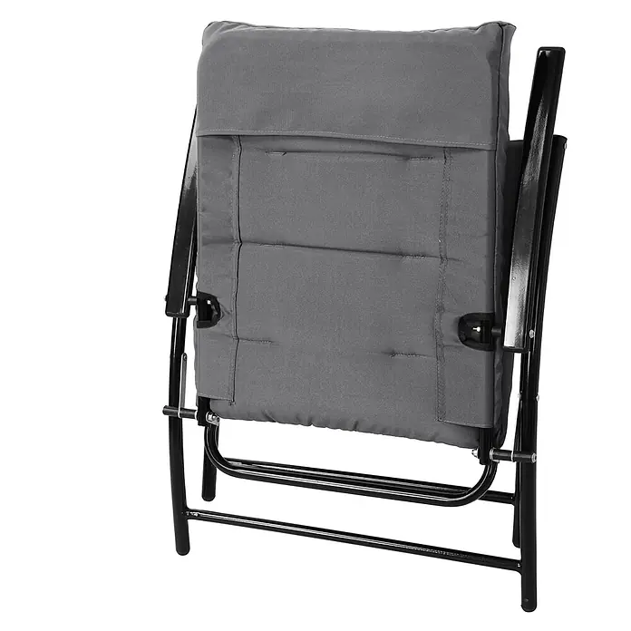 SVITA Gartenstuhl-Set VENTURA - 3 Stk., Metall, Polyester (140g/m²), Glas (5mm), Klappbar, Grau, B x T x H: 165 x 66 x 91 cm - Grauer gepolsterter Klappstuhl mit schwarzem Metallrahmen, von hinten gesehen.
