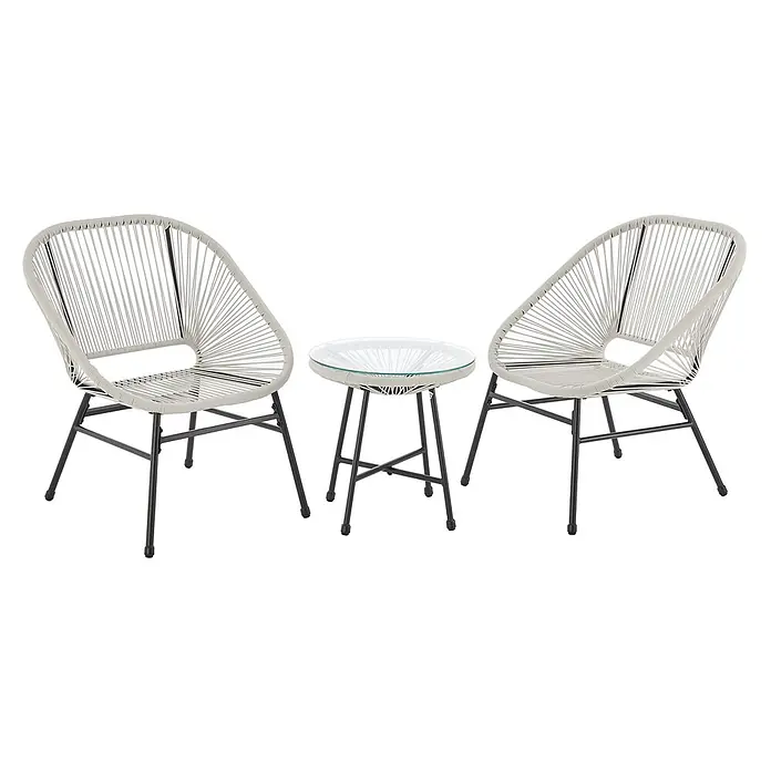 SVITA Balkonmöbel-Set TULUM - 3 -tlg., Polyrattan, pulverbeschichteter Stahl - Zwei hellgraue geflochtene Acapulco-Stühle und ein passender Glastisch mit schwarzen Gestellen.