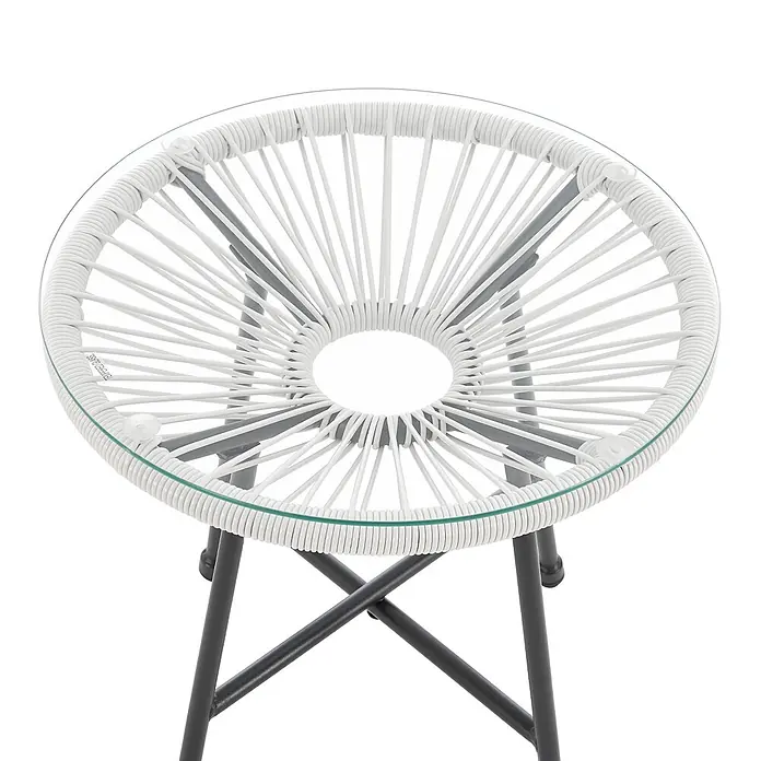 SVITA Balkonmöbel-Set TULUM - 3 -tlg., Polyrattan, pulverbeschichteter Stahl - Runder Outdoor-Beistelltisch mit Glasplatte, weißem Kunststoffgeflecht und dunklem Metallgestell.