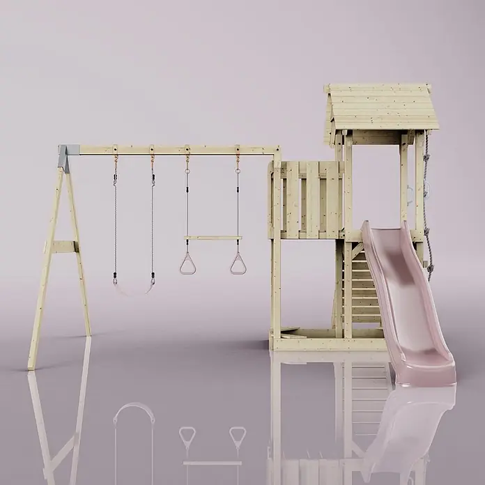 OutdoorToys Kinderspielturm Uppsala - L x B x H: 373 x 357 x 273 cm, Rosa - Hölzernes Kinderspielset mit rosafarbener Rutsche, Schaukel und Turnringen.