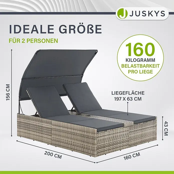 Juskys Doppelliege Syros - Metall, grau - Graue Rattan-Doppelliege mit dunklen Auflagen und verstellbarem Sonnendach, ideal für 2 Personen, 200x160cm.
