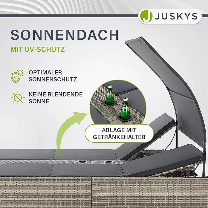 Juskys Doppelliege Syros - Metall, grau - Rattan-Tagesbett/Sonnenliege mit dunkelgrauen Kissen und verstellbarem Sonnendach, mit integrierten Getränkehaltern.