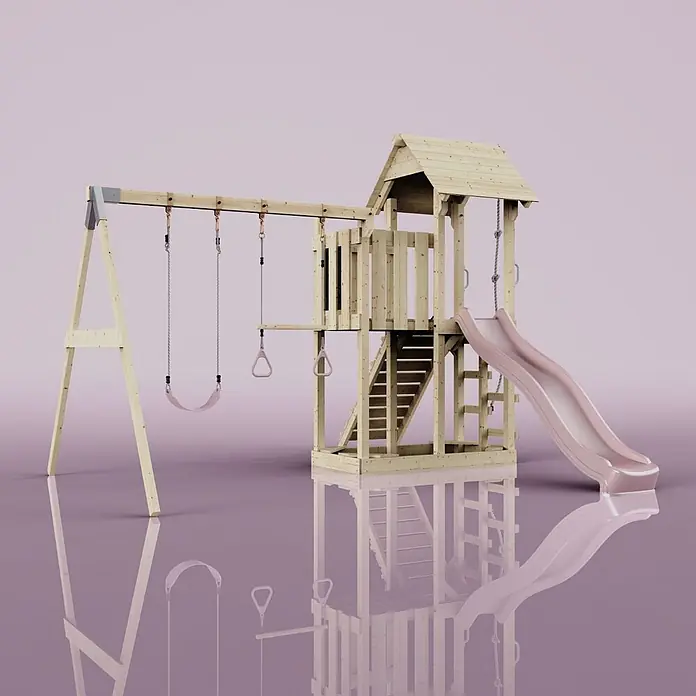 OutdoorToys Kinderspielturm Uppsala - L x B x H: 373 x 357 x 273 cm, Rosa - Hölzernes Spielgerät mit rosa Rutsche, Schaukel und Ringen, für Kinderaktivitäten im Freien.