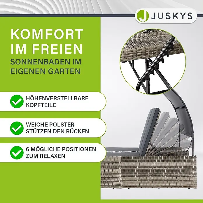 Juskys Doppelliege Syros - Metall, grau - Ein grauer Rattan-Liegestuhl mit dunklen Kissen und verstellbarer Rückenlehne, in mehreren Positionen gezeigt.