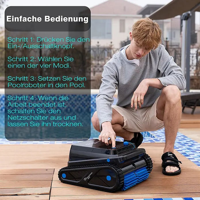 EVERCROSS BOT Poolroboter - Akkubetrieben, Passend für: Rechteckige Schwimmbecken bis 200 m² (keine runden/ovalen Becken), Filterleistung: 18.000 l/h - Ein schwarzer und blauer Poolreinigungsroboter auf einem Holzdeck, der von einer Person neben einem Pool bedient wird.