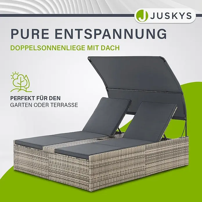 Juskys Doppelliege Syros - Metall, grau - Helle Rattan-Doppelliege mit dunkelgrauen Polstern und verstellbarem Dach, für Garten oder Terrasse.
