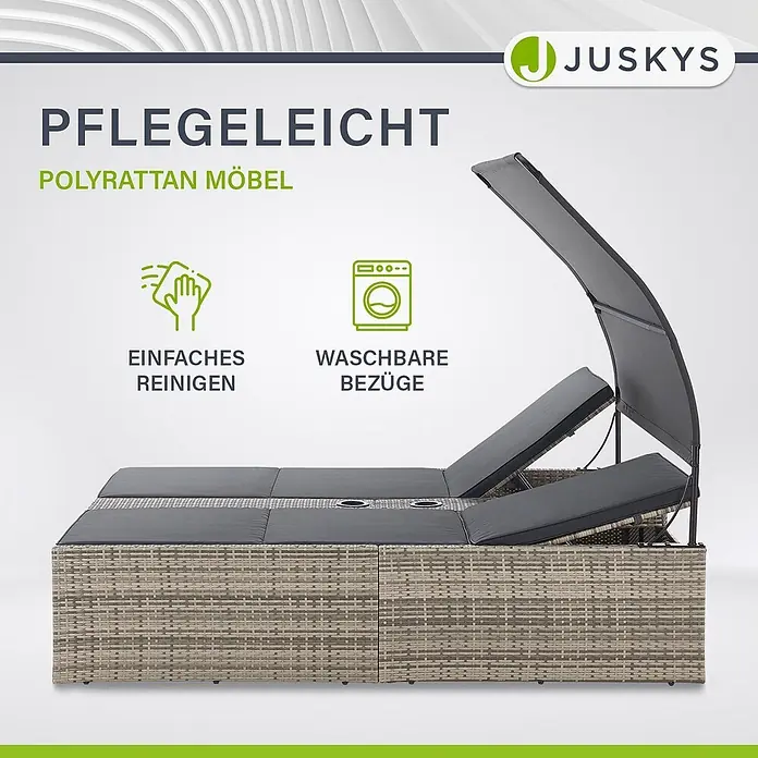 Juskys Doppelliege Syros - Metall, grau - Graue Polyrattan Doppelliege mit dunklen Auflagen, verstellbaren Rückenlehnen, integrierten Getränkehaltern und Sonnendach.