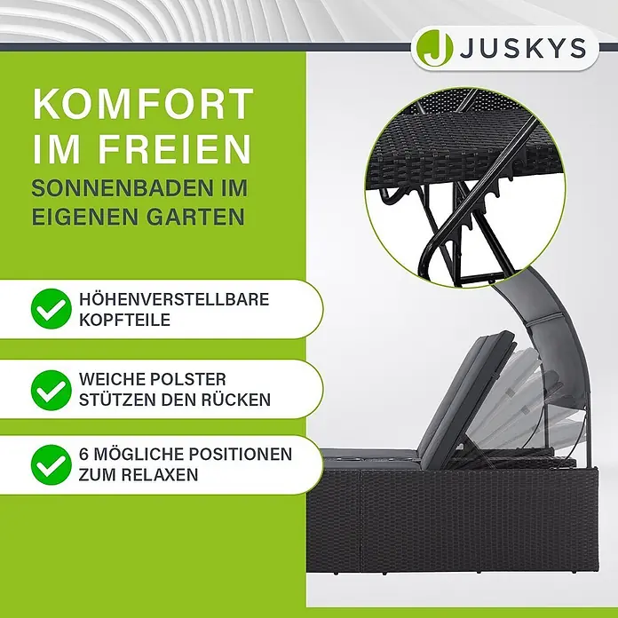 Juskys Doppelliege Syros - Metall, schwarz - Dunkelgraue Rattan-Sonnenliege mit verstellbaren Kopfstützen und Polstern für Entspannung im Freien.