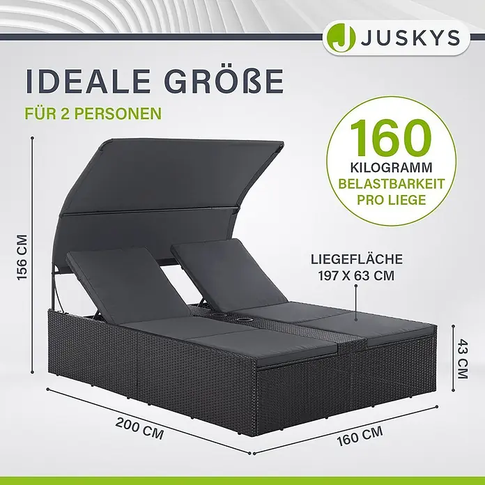 Juskys Doppelliege Syros - Metall, schwarz - Dunkelgraue Rattan-Doppelliege mit Kissen, Sonnendach und integrierten Getränkehaltern. Ideal für 2 Personen.