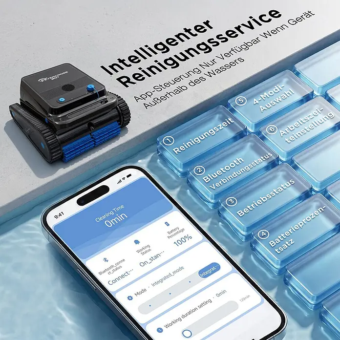 EVERCROSS BOT Poolroboter - Akkubetrieben, Passend für: Rechteckige Schwimmbecken bis 200 m² (keine runden/ovalen Becken), Filterleistung: 18.000 l/h - Ein schwarzer Roboter-Poolreiniger mit blauen Raupen und Bürsten, gezeigt mit seiner Steuerungs-App neben einem Pool.