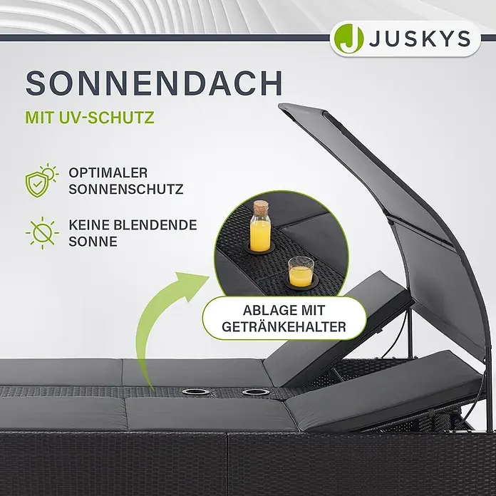 Juskys Doppelliege Syros - Metall, schwarz - Dunkelgraue Rattan-Sonnenliege mit verstellbarem Sonnendach und integrierten Getränkehaltern.