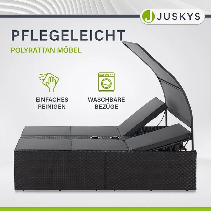 Juskys Doppelliege Syros - Metall, schwarz - Dunkelgraue Polyrattan-Doppelliege mit verstellbaren Rückenlehnen, integriertem Tisch und weichen Kissen, die ihre Pflegeleichtigkeit hervorhebt.
