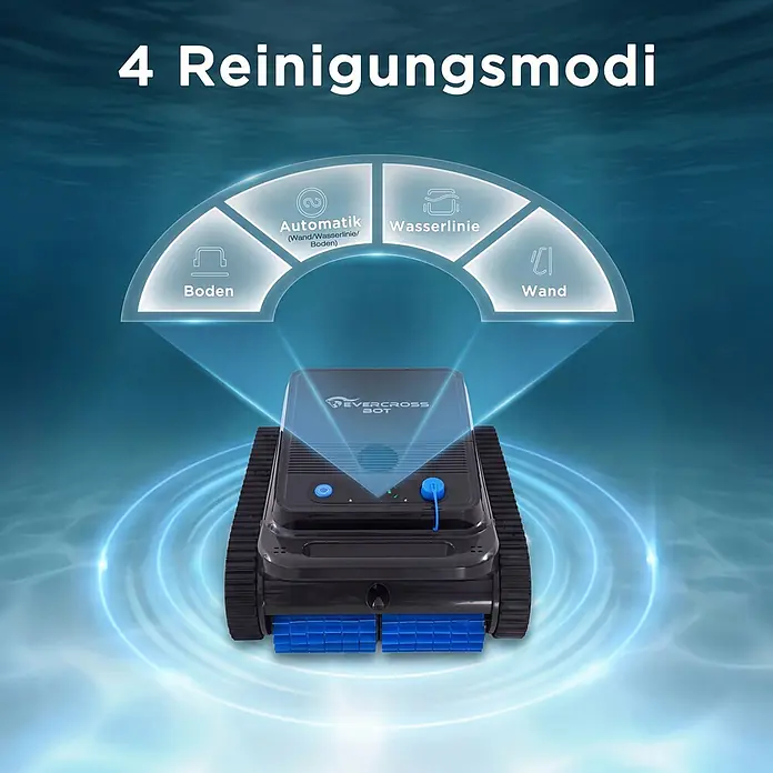 EVERCROSS BOT Poolroboter - Akkubetrieben, Passend für: Rechteckige Schwimmbecken bis 200 m² (keine runden/ovalen Becken), Filterleistung: 18.000 l/h - Schwarzer Poolreinigungsroboter mit blauen Bürsten, zeigt 4 Reinigungsmodi für Boden, Wand und Wasserlinie.